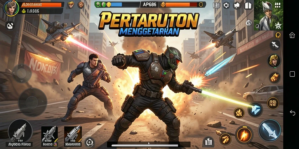 Tangkapan layar menunjukkan karakter dalam aksi berperang yang mendebarkan.