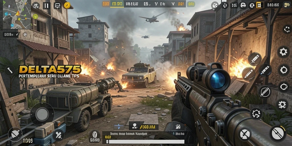 Screenshot gameplay DELTA575 dengan aksi seru di medan pertempuran.
