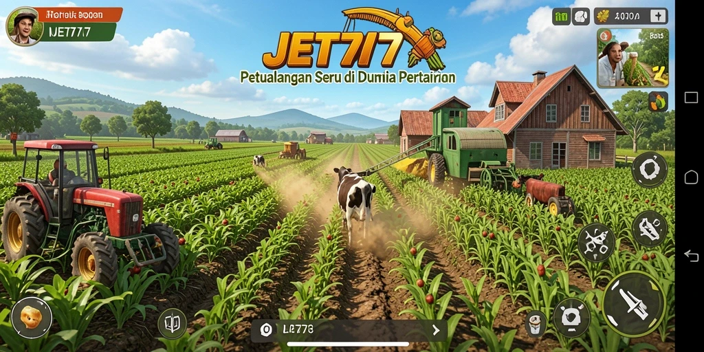Tampilan gameplay JET77 yang menampilkan ladang yang hijau dan subur.