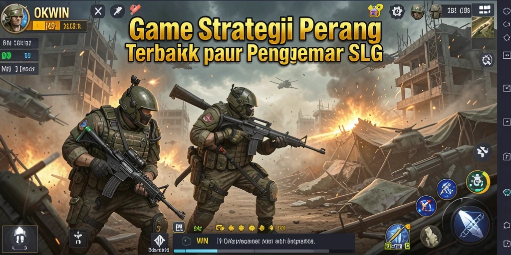 Tampilan screenshot utama OKWIN menampilkan pertempuran seru dalam permainan SLG.