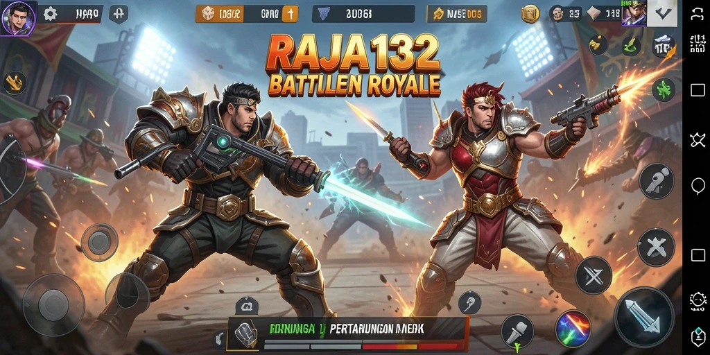 Tangkapan layar utama RAJA132 menunjukkan aksi pertempuran Battle Royale yang seru.