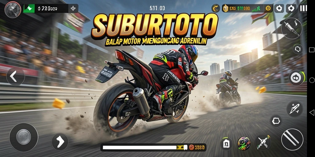 Screenshot SUBURTOTO menampilkan aksi balapan motor yang mendebarkan.