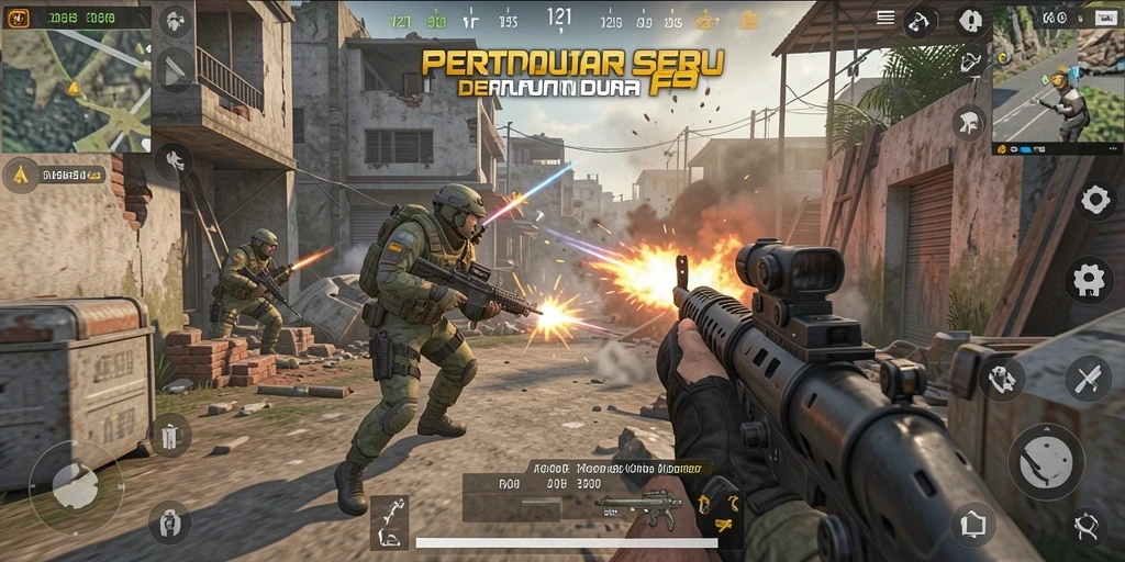 Screenshot utama V21 menampilkan aksi seru gameplay FPS.